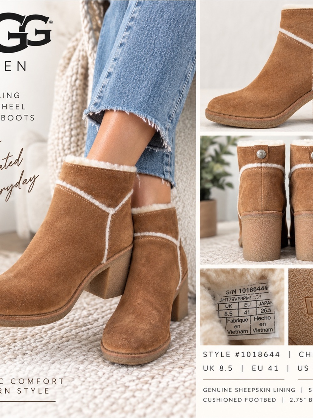 UGG Kasen Chestnut Suede Shearling Block Heel Ankle Boots EU 41